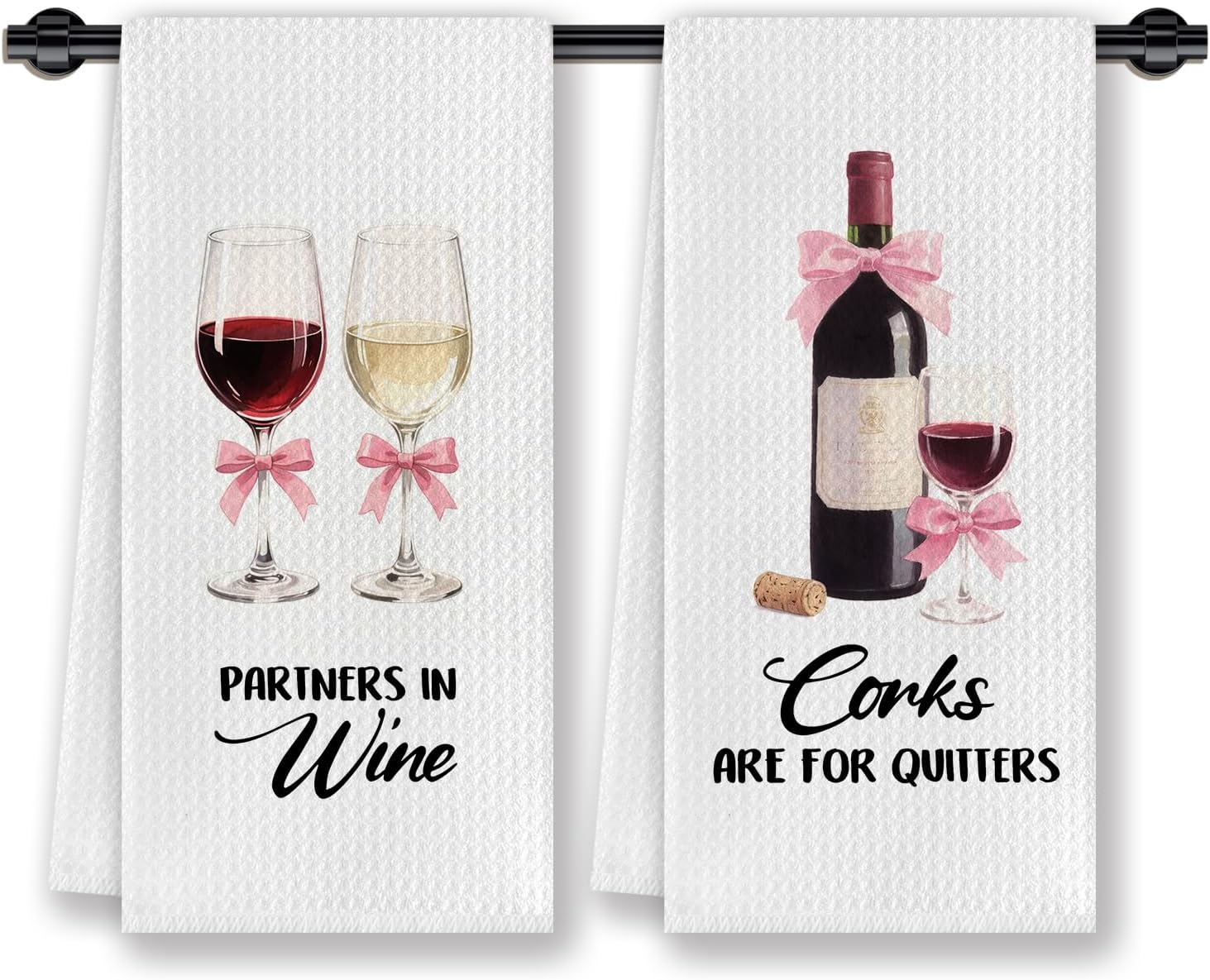 Funny Wine Kitchen Dish Towels, Gifts for Wine Lovers Drinkers Enthusiasts, Corks are for Quitters Pink Bow Glasses Decorative Hand Tea Towels for Home Bar Kitchen, 16x24 Inches Set of 2