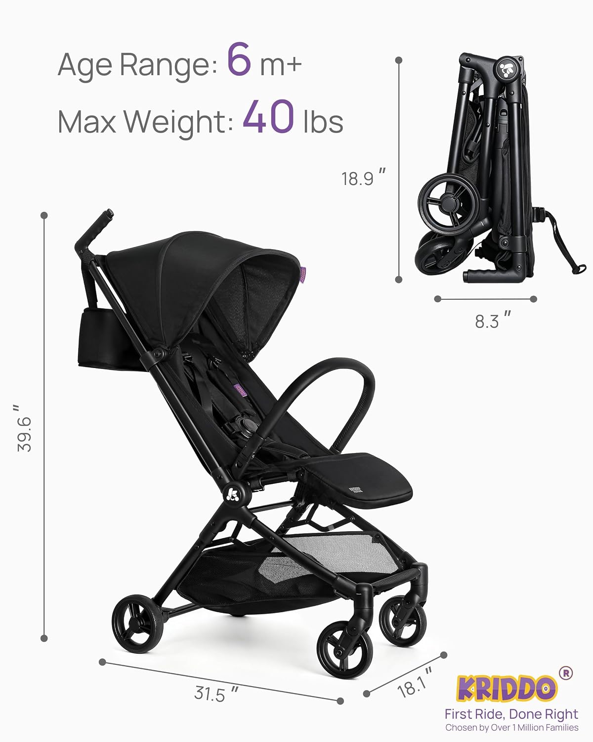 KRIDDO Lightweight Travel Stroller, Umbrella Stroller for Baby & Toddler image 2