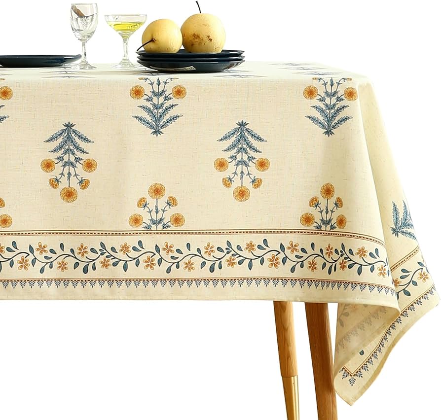 French Tablecloth for Rectangle Tables,Linen Table Cloth with Yellow Flowers and Leavs Pattern,Heavy Durable Table Cover for Dining Thanksgiving Kitchen Decor Party Christmas,55"*87"