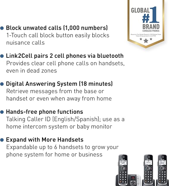 Panasonic Link2Cell Bluetooth DECT 6.0 Expandable Cordless Phone System with Answering Machine and Call Blocking - 3 Handsets - KX-TGE663B (Black)