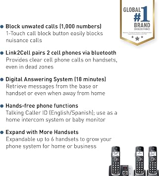 Panasonic Link2Cell Bluetooth DECT 6.0 Expandable Cordless Phone System with Answering Machine and Call Blocking - 3 Handsets - KX-TGE663B (Black)