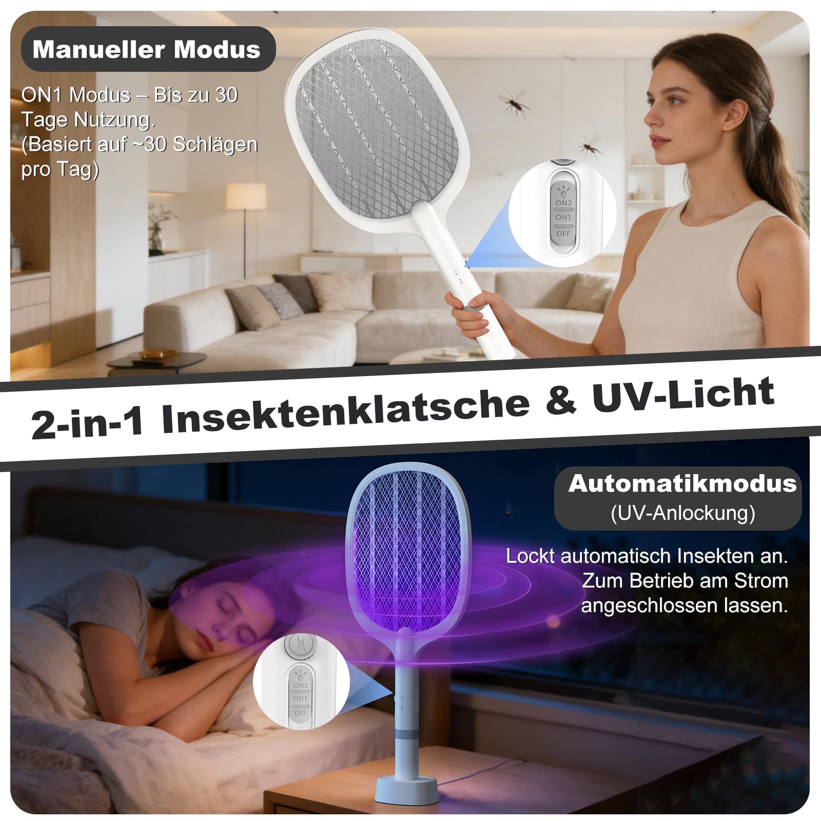 Raquette Electrique Insectes 5000V, 2000mAh,Raquette-Anti Moustique, USB C Rechargeable Raquett e Anti Mouche avec Base Stable, Efficace Contre Les Mouches Insectes