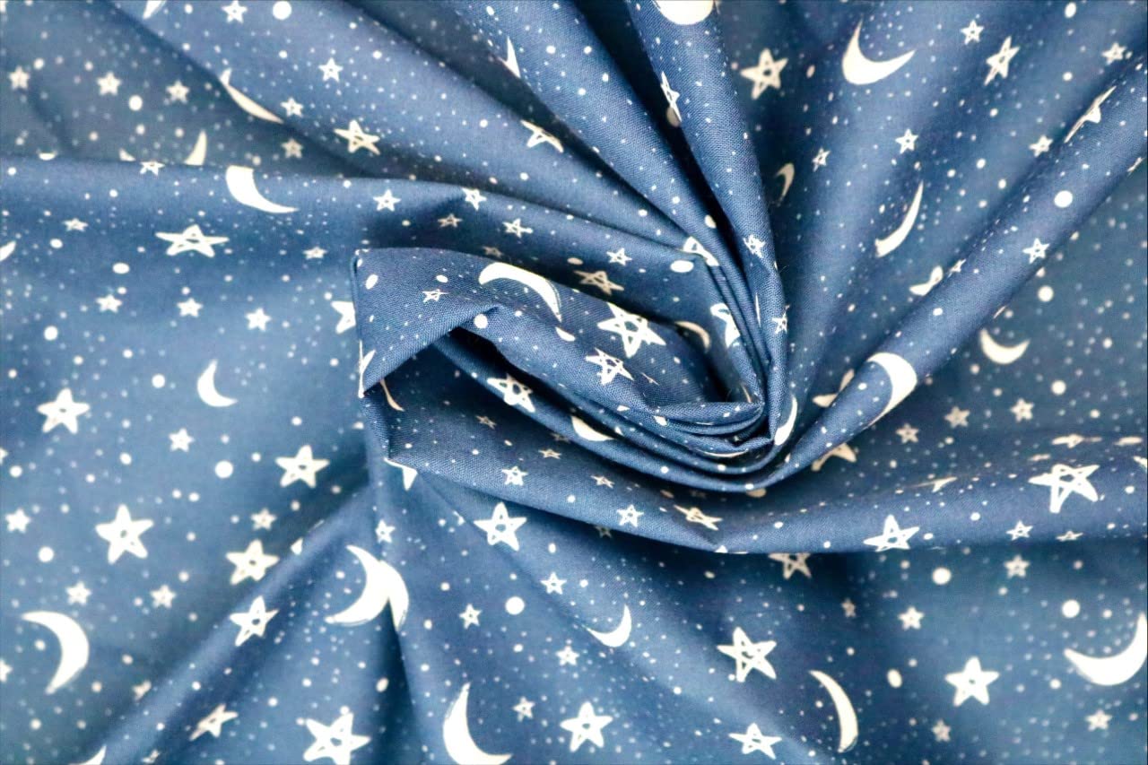 Pyrhan Polycotton Poplin | Stars and Moon Printed Cotton Fabric By The Metre UK | 114 Cm | Crafting Fabric & Dressmaking Fabric |Dress Fabric Material for Sewing Dressmaking (Navy)