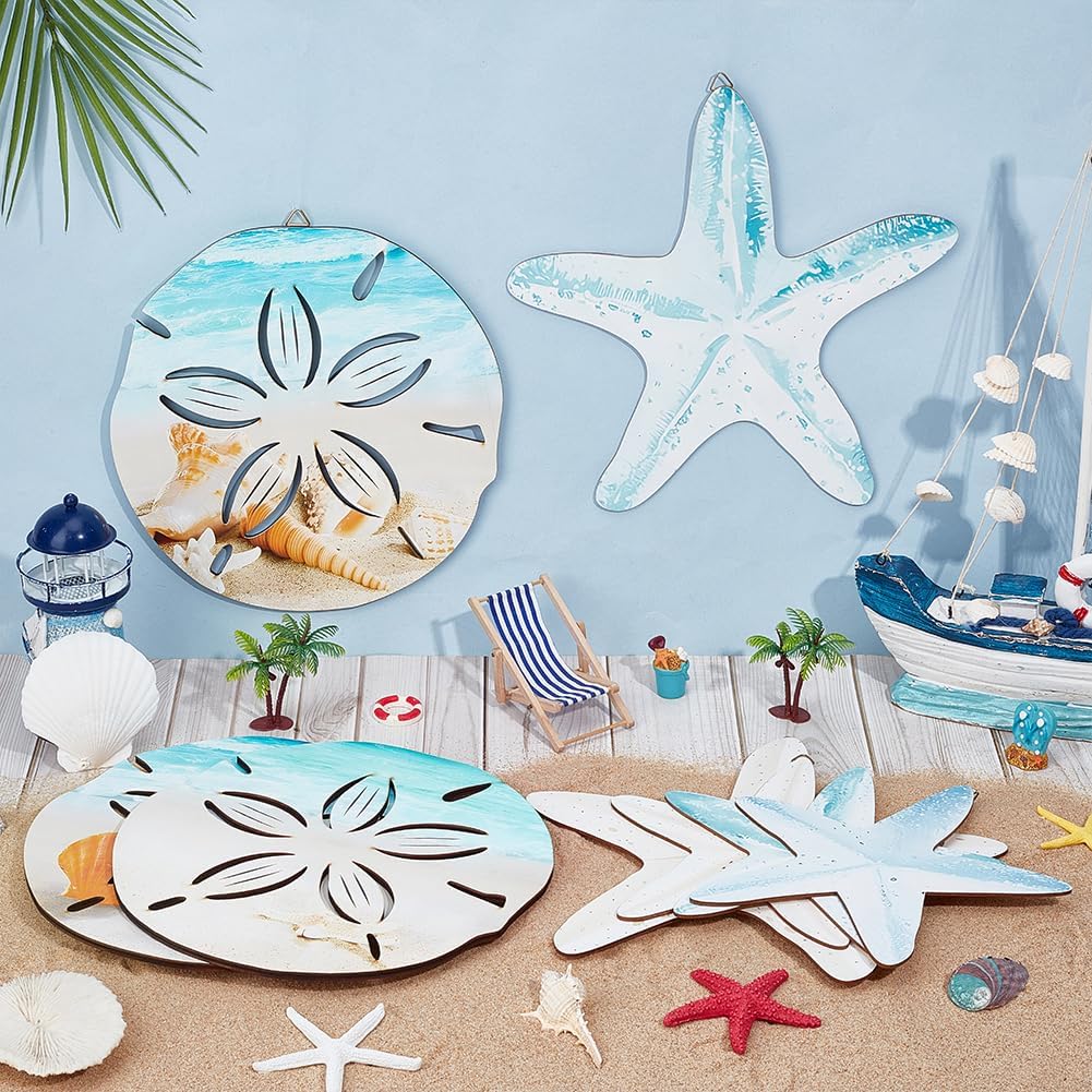 PH PandaHall 8pcs Wood Ocean Wall Decor Starfish Wall Hanging 2 Styles Beach Walls Art Decoration Coastal Theme Walls Sculpture Seashell Ornaments for Home Bedroom Bathroom Farmhouse Decor - Image 4