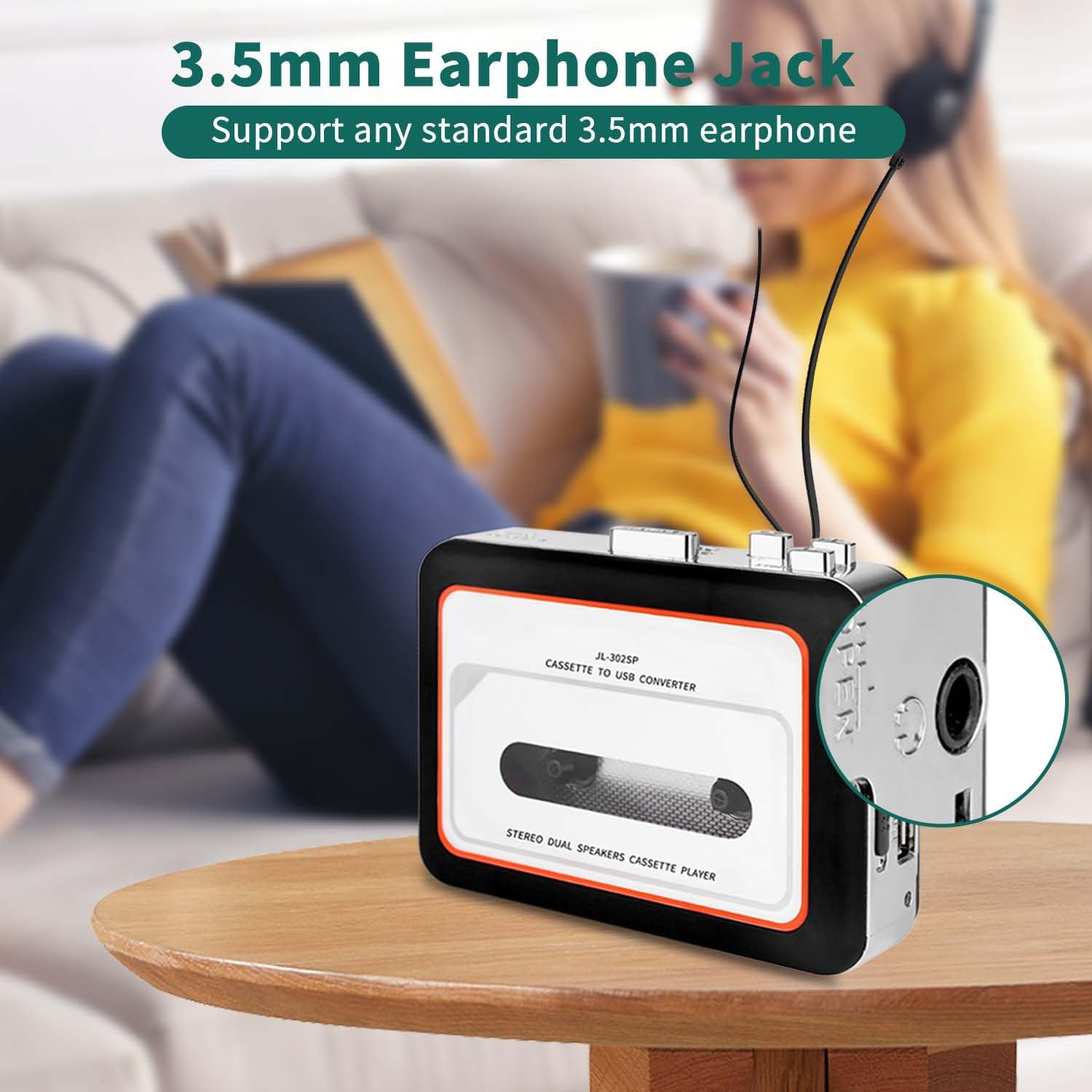 Portable Cassette to USB Converter,Dual Speaker Pure Stereo &Auto Reverse Cassette Player, Supports U Disk & USB Card Reader ，Cassette Tape Player with 3.5mm Headphone Jack