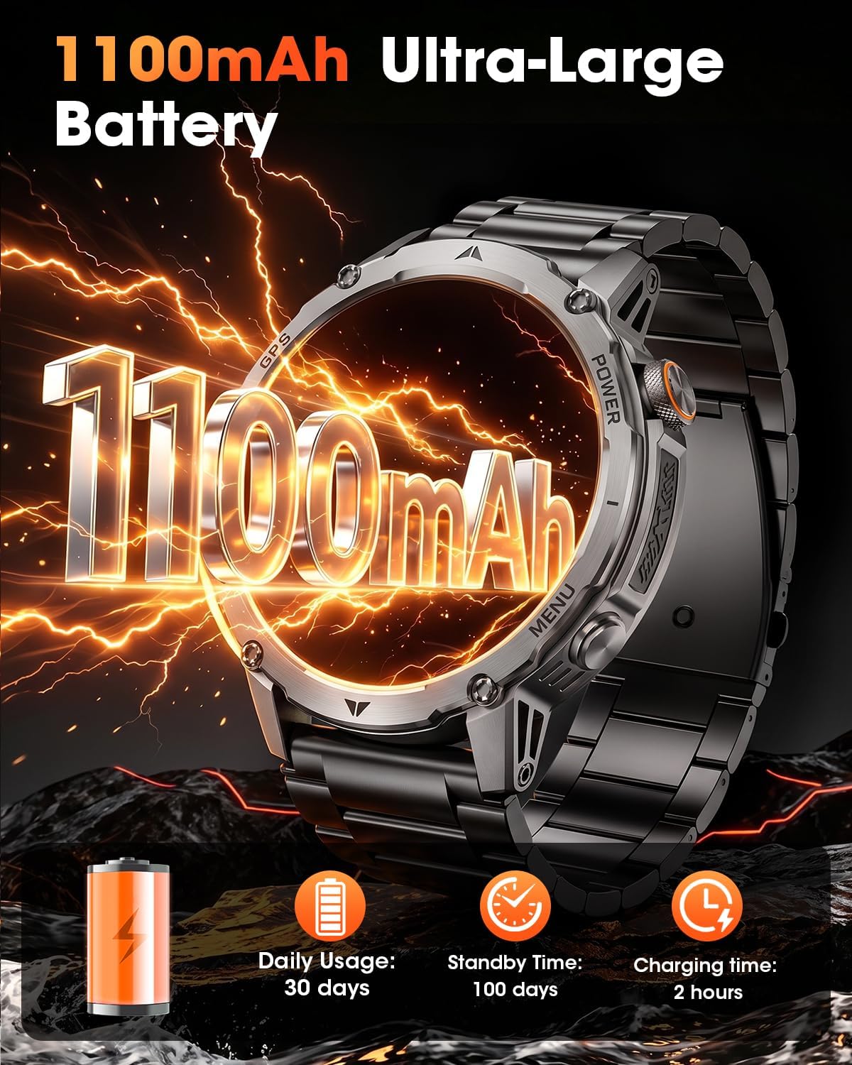 GPS Smart Watch for Men, 100-Day Battery, Bluetooth Call with Flashlight