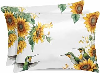 Satin Pillowcases Standard Size, Sunflower Silk Pillow Cases for Hair and Skin with Zipper 2 Pack, Summer Botanical Hummingbird Vintage Smooth Throw Pillow Covers for Sleeping, 20"x26"