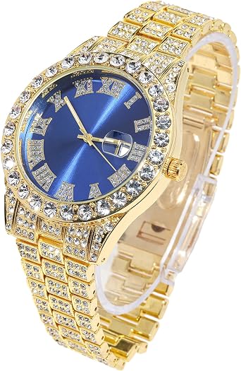halukakah diamond gold watch iced out men's 18 carat real gold / platinum white gold plated quartz bracelet 24 cm blue dial with tennis chains necklace bracelet set options with gift box