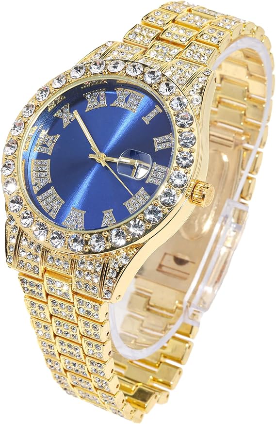 halukakah diamond gold watch iced out men's 18 carat real gold / platinum white gold plated quartz bracelet 24 cm blue dial with tennis chains necklace bracelet set options with gift box