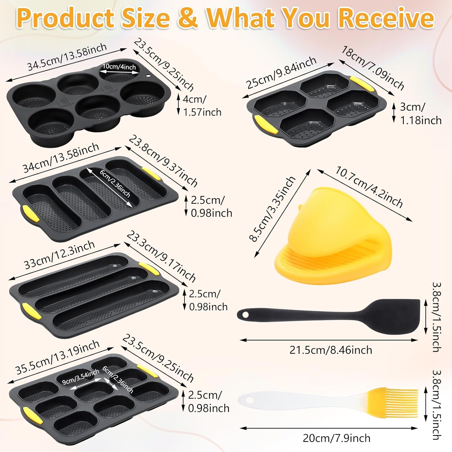 Reallnaive 8 Pcs Silicone Baguette Hamburger Bun Baking Pan Set 4 6 9 Cup French Bun Mold 3 Cup Nonstick Baguette Bread Pan with Tool for Homemade Bread Loaf Sandwich Microwave