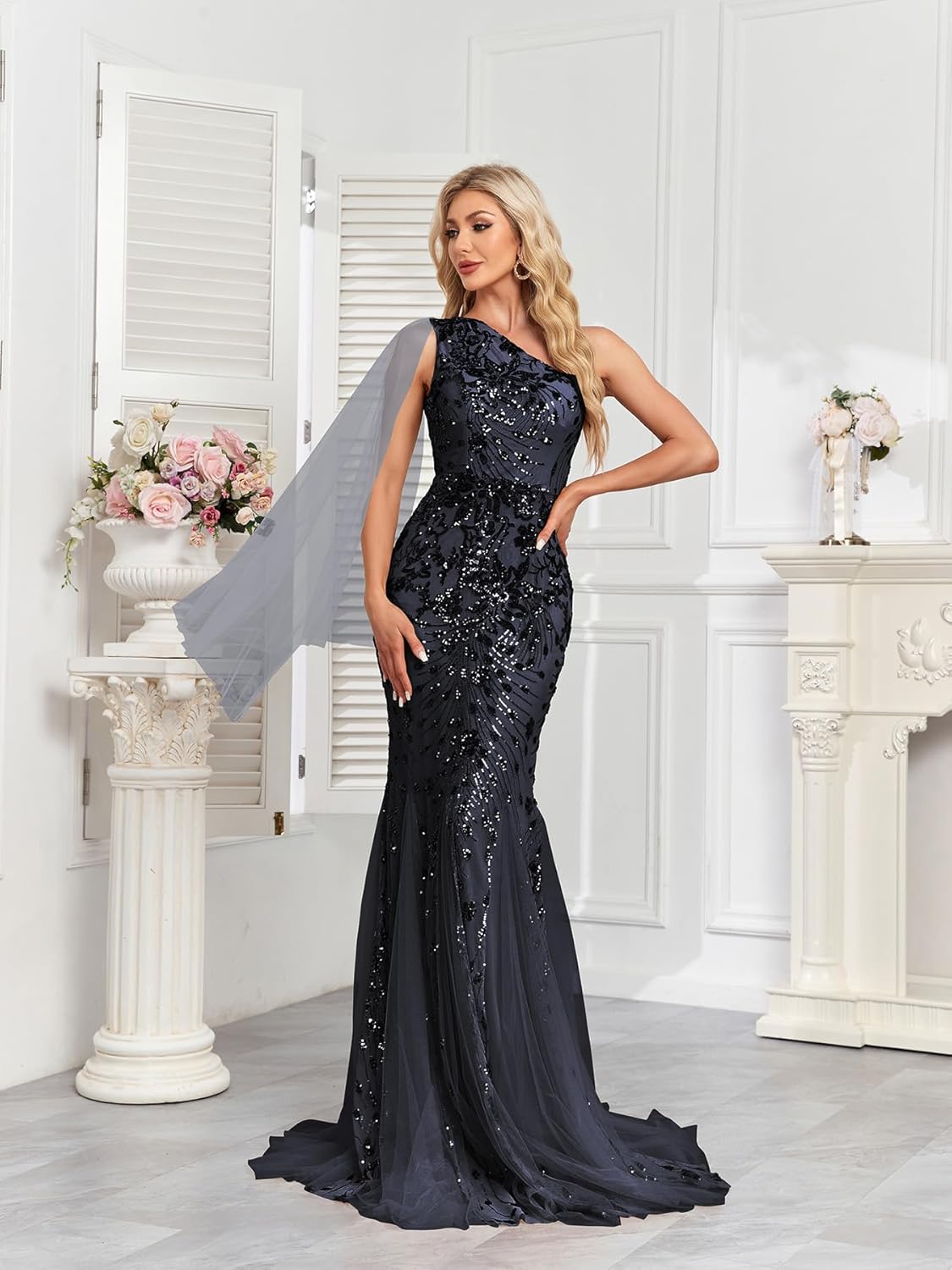 One Shoulder Glitter Mermaid Dress for Mother of The Bride Women's Sexy Sequin Formal Gown - Image 6
