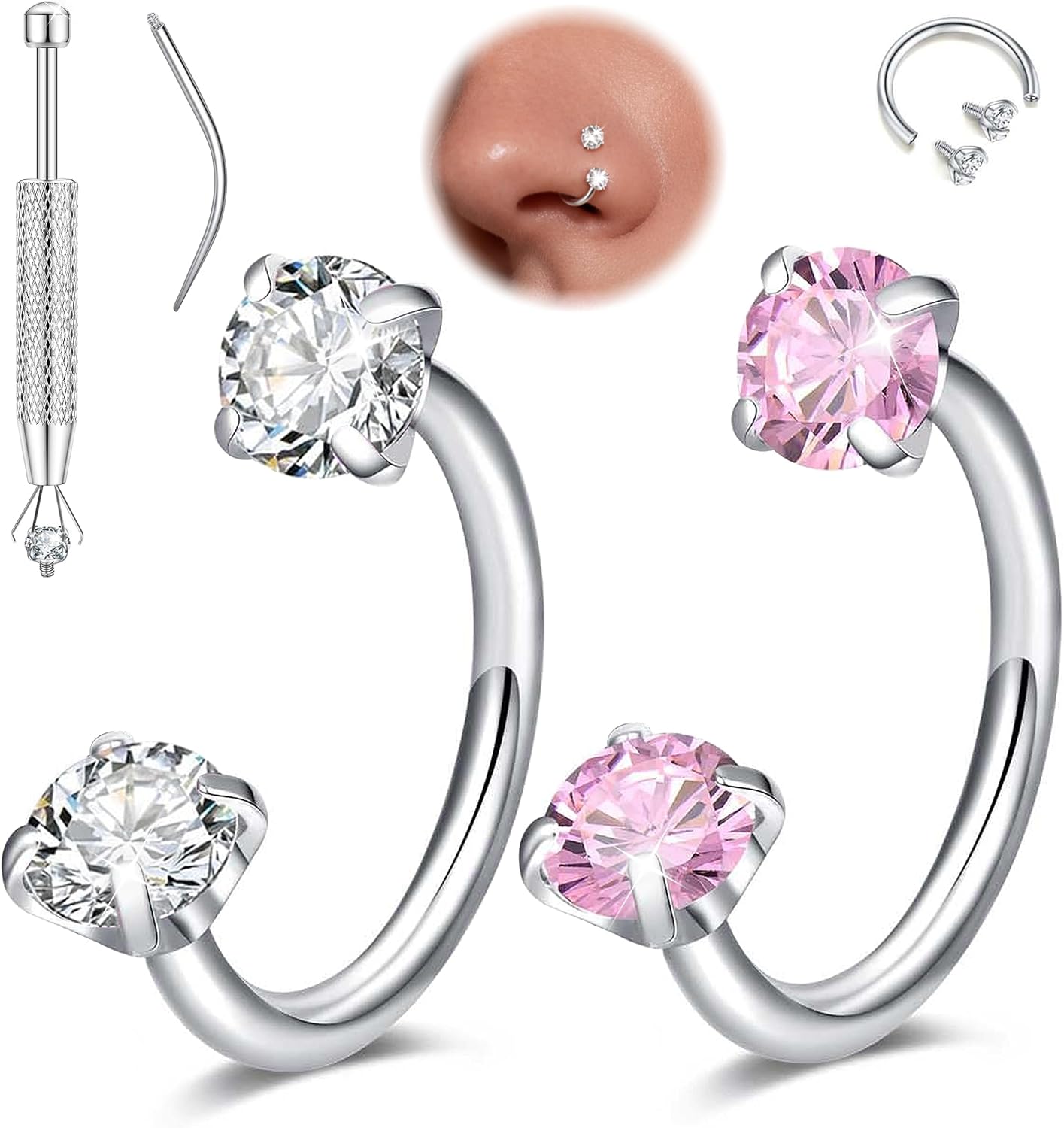 Maynor Horseshoe Nose Ring Set for Women, 2PCS CZ Septum Rings 18G/20G Surgical Steel Horseshoe Piercing Jewelry 6–8mm Nostril Cartilage Helix Tragus Lip Ring (Gold/Silver) with Tool