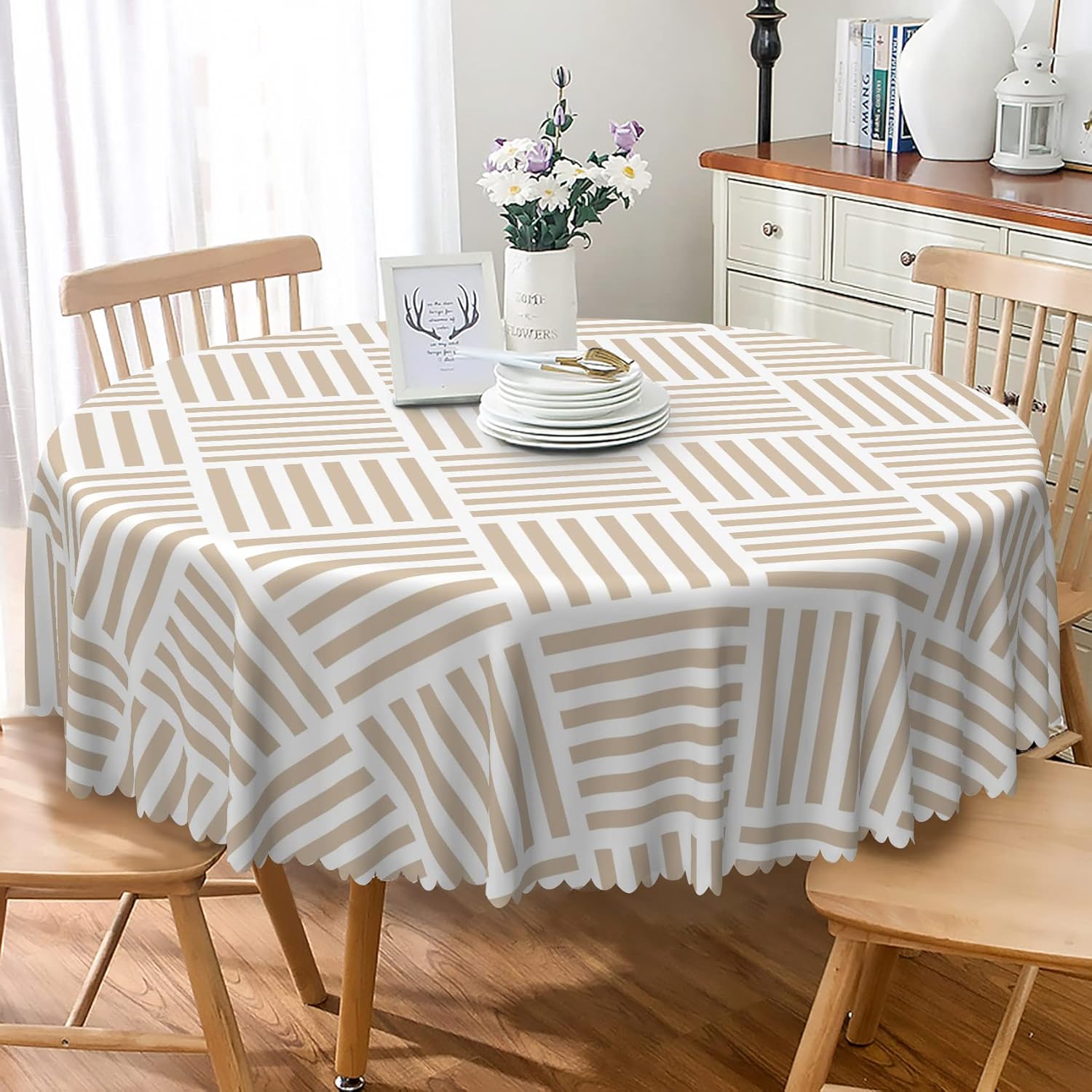 Khaki Stripe Round Tablecloth 54 Inch Vintage Khaki Plaid Striped Fabric Table Cloth Polyester Wrinkle and Oil Washable Circle Table Cover for Cottage Garden Dining Room Outdoor Indoor Decor