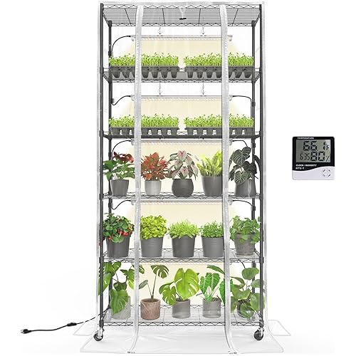 Bstrip Indoor Greenhouse with Grow Light, Mini Green house with 5 Pack T8 Full Spectrum Plant Lights, Plant Shelf with Tent for Indoor Plant, Seed Starting, Seed Tray, 35.4"x13.8"x71"