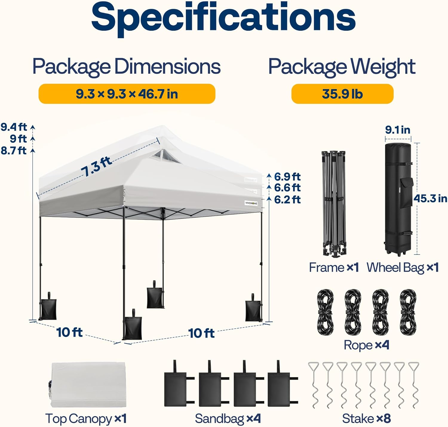 VIVOHOME 10x10ft Pop Up Canopy Tent One Push Setup Outdoor Portable Shelter Tent Heavy Duty with Wheel Carry Bag and 4 Sandbags, White
