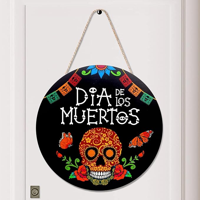 Dia De Los Muertos Skeleton Wooden Door Sign Day of the Dead Hanging Sign Sugar Skull Hanging Wall Welcome Sign Mexican Themed Party Decorations Halloween Tree Ornaments for Home