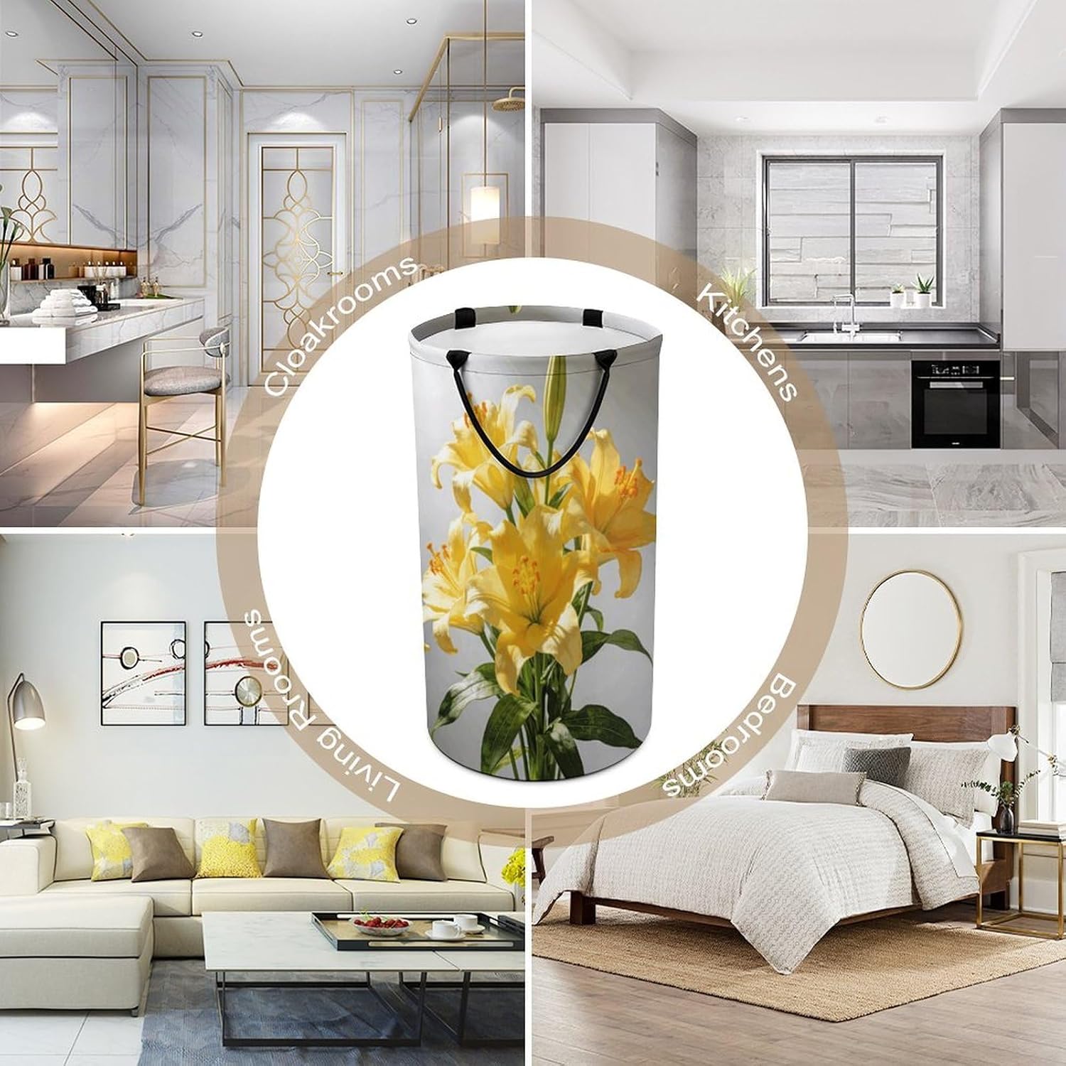 Yellow Lilies Laundry Hamper with Handles Waterproof Collapsible Laundry Basket Large Lightweight Round Dirty Clothes Hamper for Home Dorm Bathroom Decor
