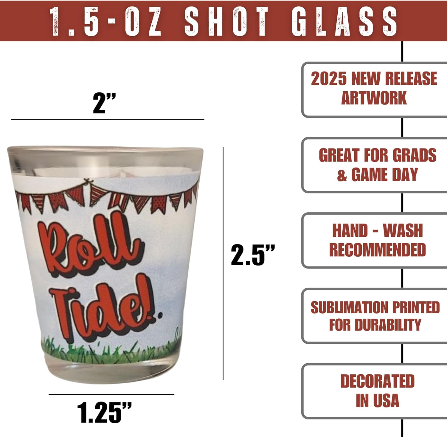 Alabama Shot Glasses - Set of 4 | Unique Pick-Up Truck Team Cheer 360° Artwork | Round 1.5 oz Clear Glass | For Alumni, Student, Fraternity and Crimson Tide Fans Gift Idea