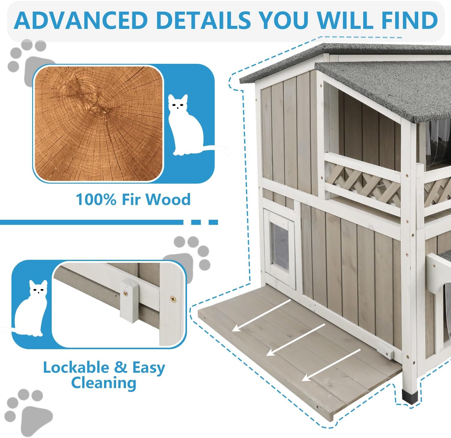 review Feral Cat Shelter Outdoor Weatherproof - Two Story Wooden Cat House Outside Feral Cat House with Balcony Waterproof, Escape Door