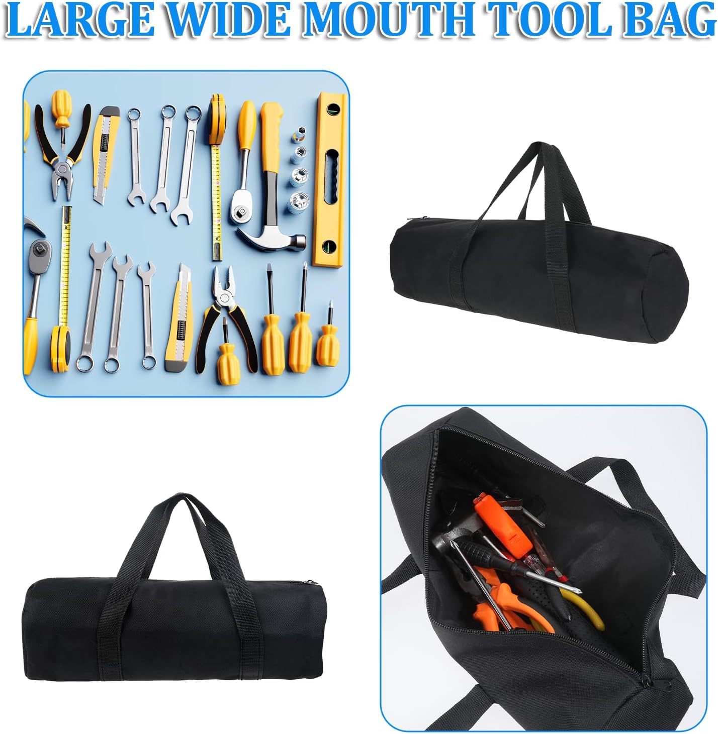 12 Inch Canvas Tool Pouch Small Tool Bag for Men Wide Mouth Tool Storage Bag Large Capacity Tool Tote Handbag Power Tool Organizer for Electricians Mechanic Storage Wrenches Pliers Black