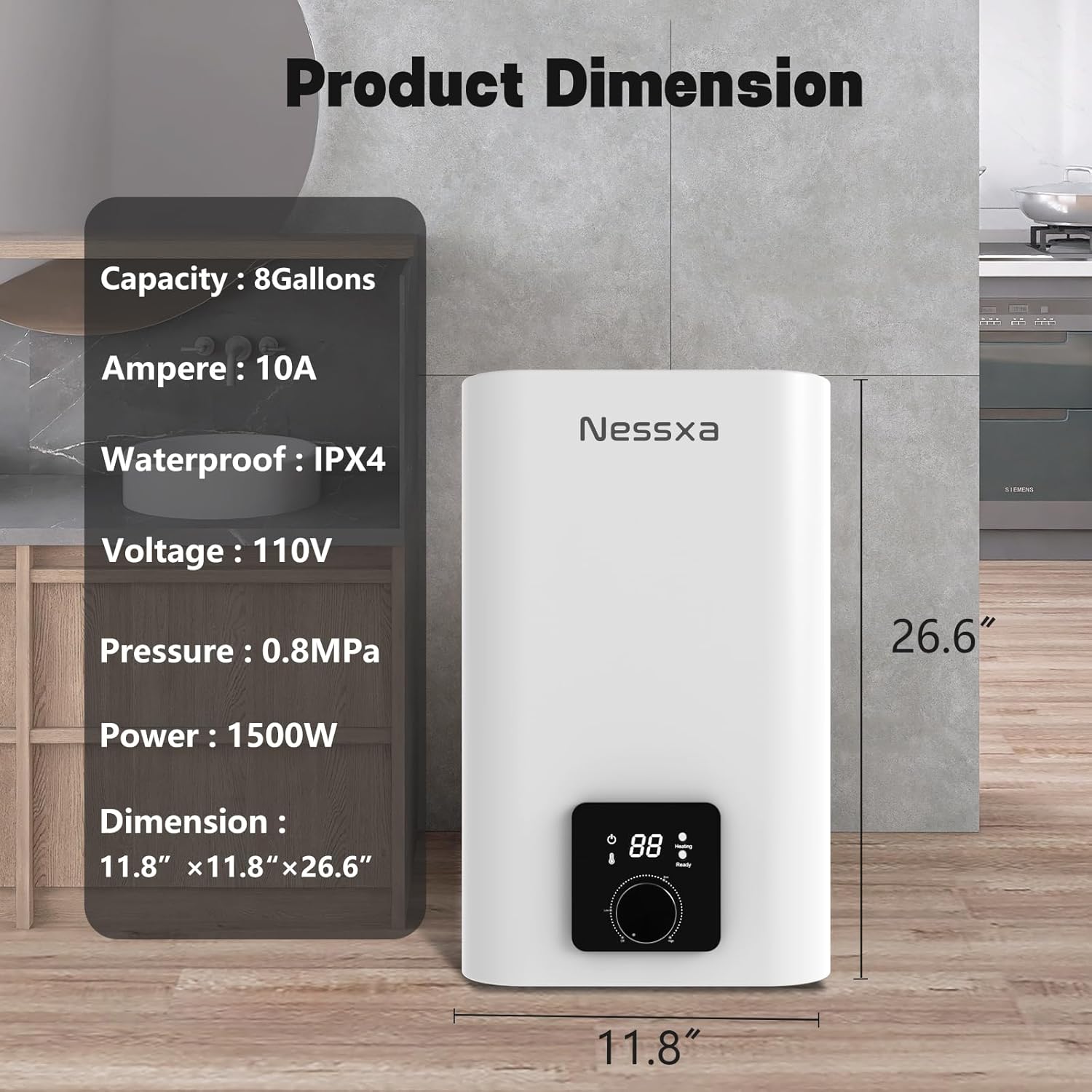 Nessxa 8 Gallon Water Heater Product Dimensions