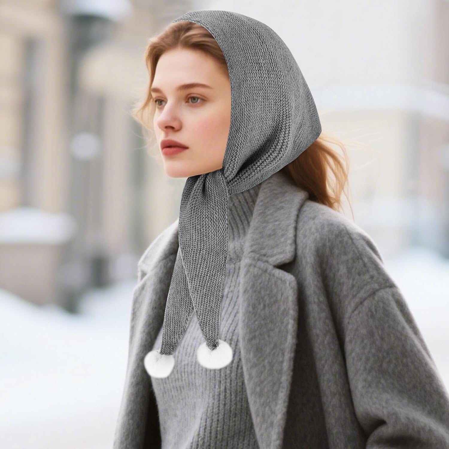 GERINLY Solid Color Triangle Scarf with Pom Poms, Knit Bandana Head Scarfs, Small Blanket Shawl for Travel - Image 5