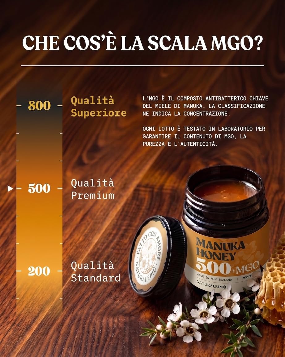 NaturalePiù Miele di Manuka 500+ MGO 500g. Dalla Nuova Zelanda. Certificato in Laboratorio. Miele Balsamico Puro. Mono Floreale, Ideale per la Cura delle Ferite. Tè, Cereali e Prodotti da Forno.