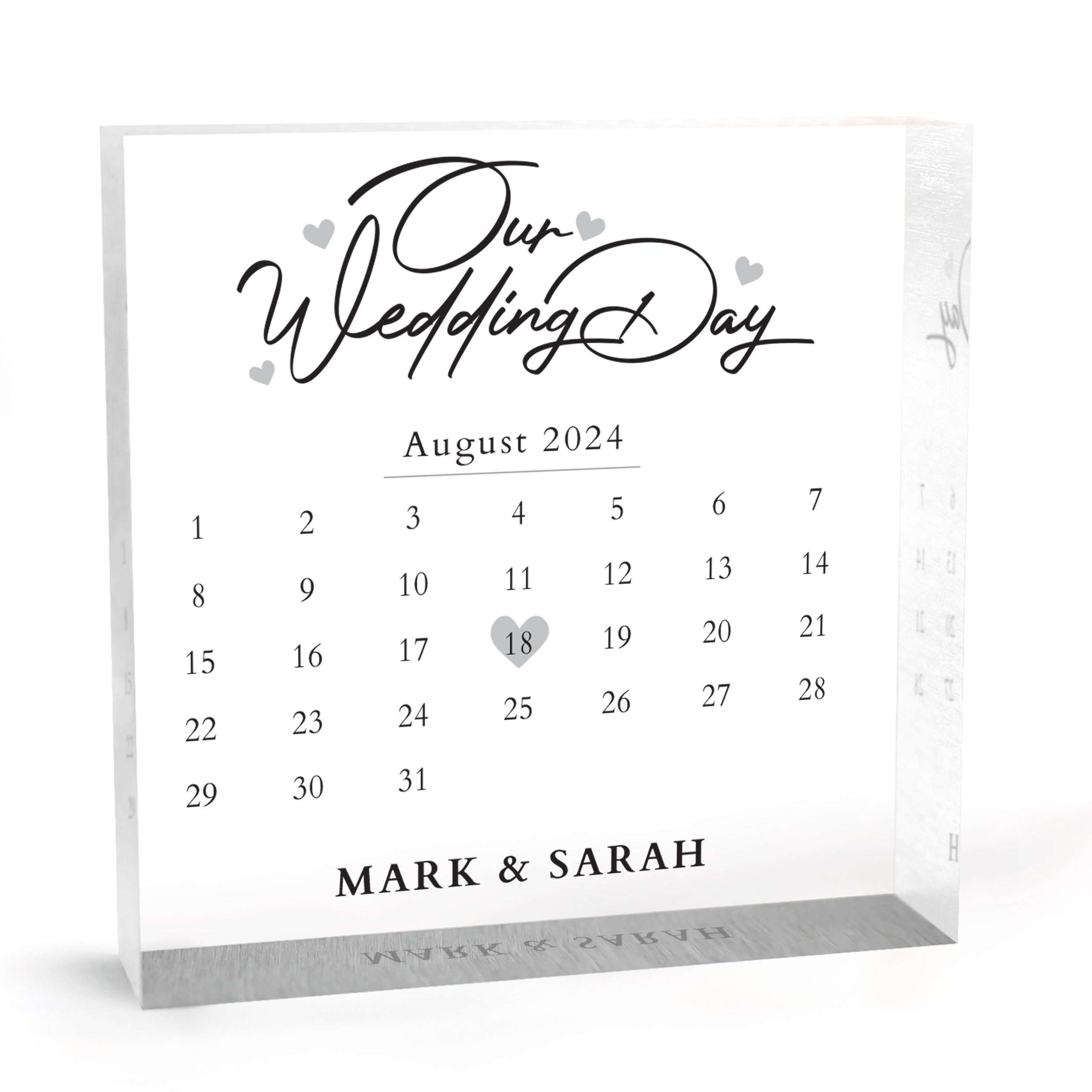 Beecreative Personalised Wedding Gifts for Bride and Groom - Our Wedding Day Calendar Gift for Husband, Wife, Couples - Clear Square Block Ornament Keepsake with Grey Gift Bag