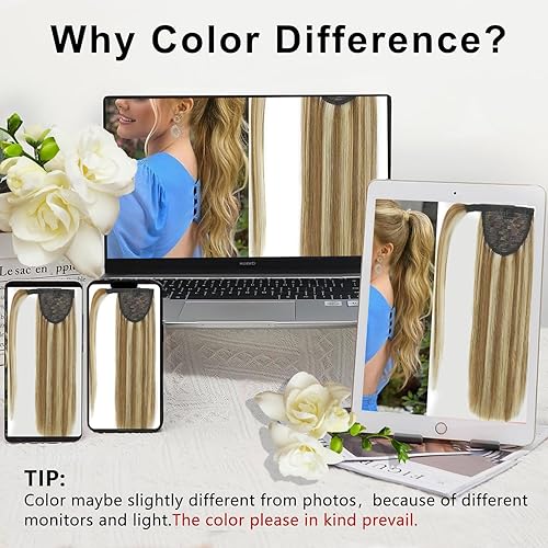 Miniatura 5 de RECOOL Extensión de cola de caballo de cabello humano marrón claro con rubio decolorado, extensiones de cabello humano Remy real, extensión de cola