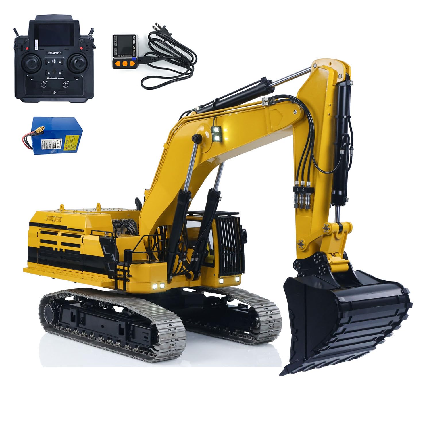 55KG! 1/12 Metal Remote Control Hydraulic Tracked Excavator 395F RC Digger 2830 Brushless Motor Dual Pump System Radio Hobby Grade Model for Ages 14+(Light Yello and Black)