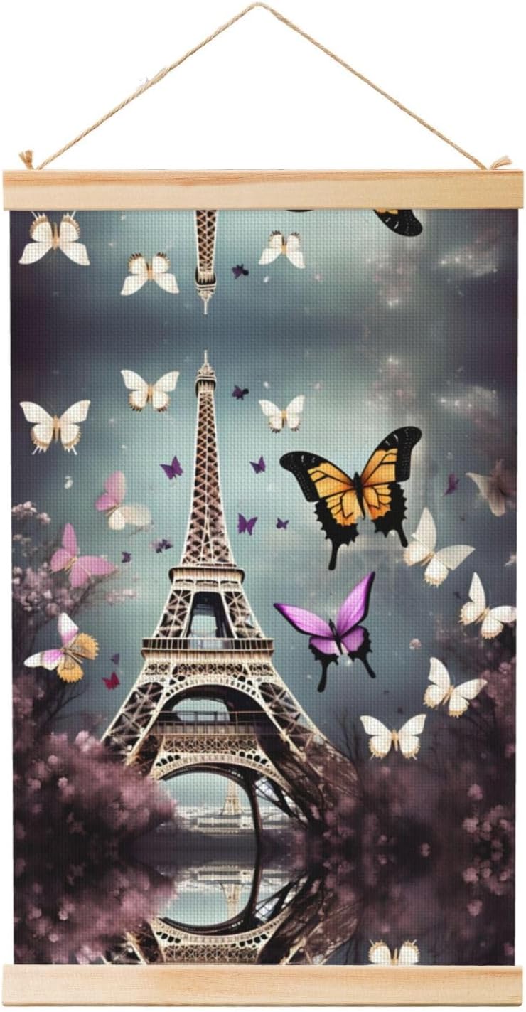 Romantic Paris Butterfly Eiffel Print Poster Hanger,Hanging Poster, Poster Frame,Wood Poster Hanger, For Wall Hanging