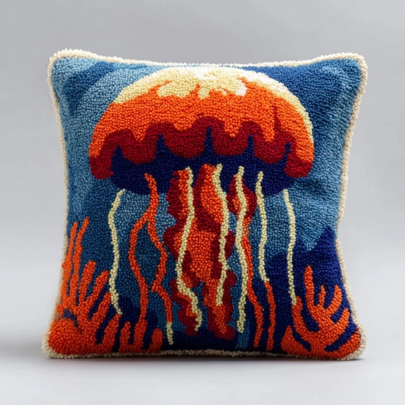 AxiangziK Beginners DIY Crochet Pillow Kit,Jellyfish Pre-Printed Pillowcase Hook and Latch Rug Kits 17X17 Inch Needlework Cushion Cover for Home Sofa Decoration