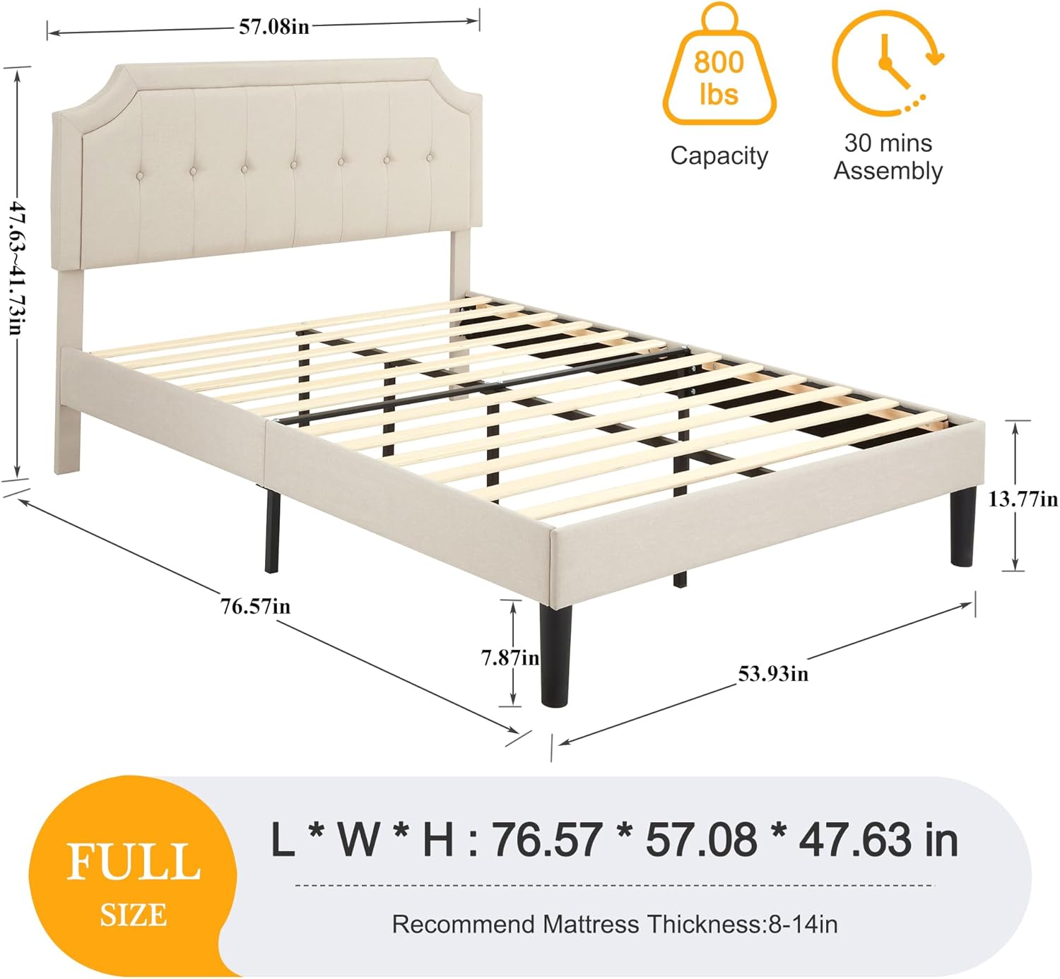 VECELO Full Upholstered Platform Bed Frame with Adjustable Button Stitched Panel Headboard,Strong Wood Slat Support,Velcro Design,Mattress Foundation/Easy Assembly,Beige - Image 2