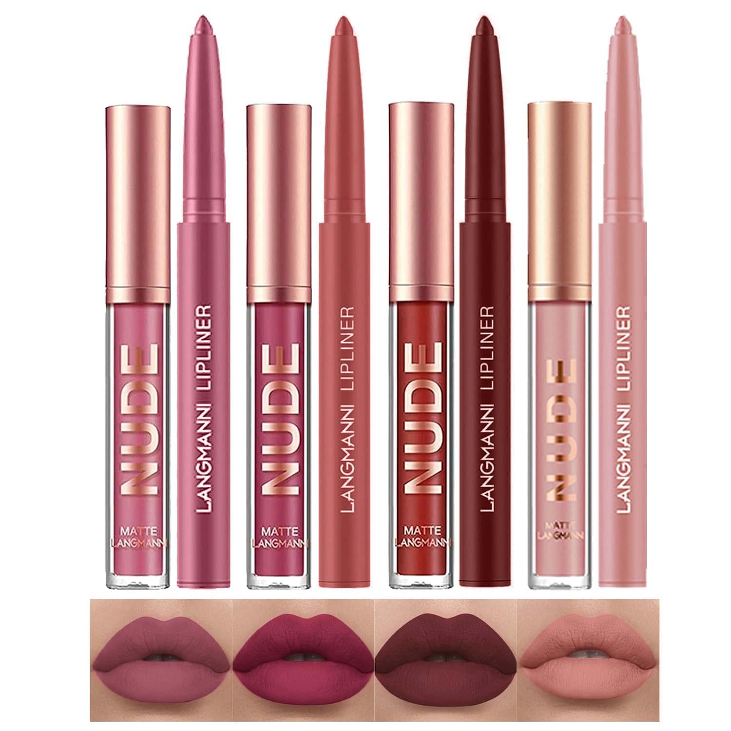 LANGMANNI 4pcs Matte Lipstick with Lipliners Durable Makeup Set,Long-Lasting Non-Stick Cup Not Fade Waterproof Pigmented Velvet Lipgloss Kit Beauty Cosmetics Makeup Gift for Girls(#2468)