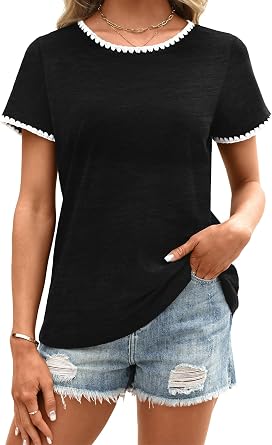 LilyCoco Ringer Tee Women Cotton Tops Contrast Trim Short Sleeve Summer Shirts