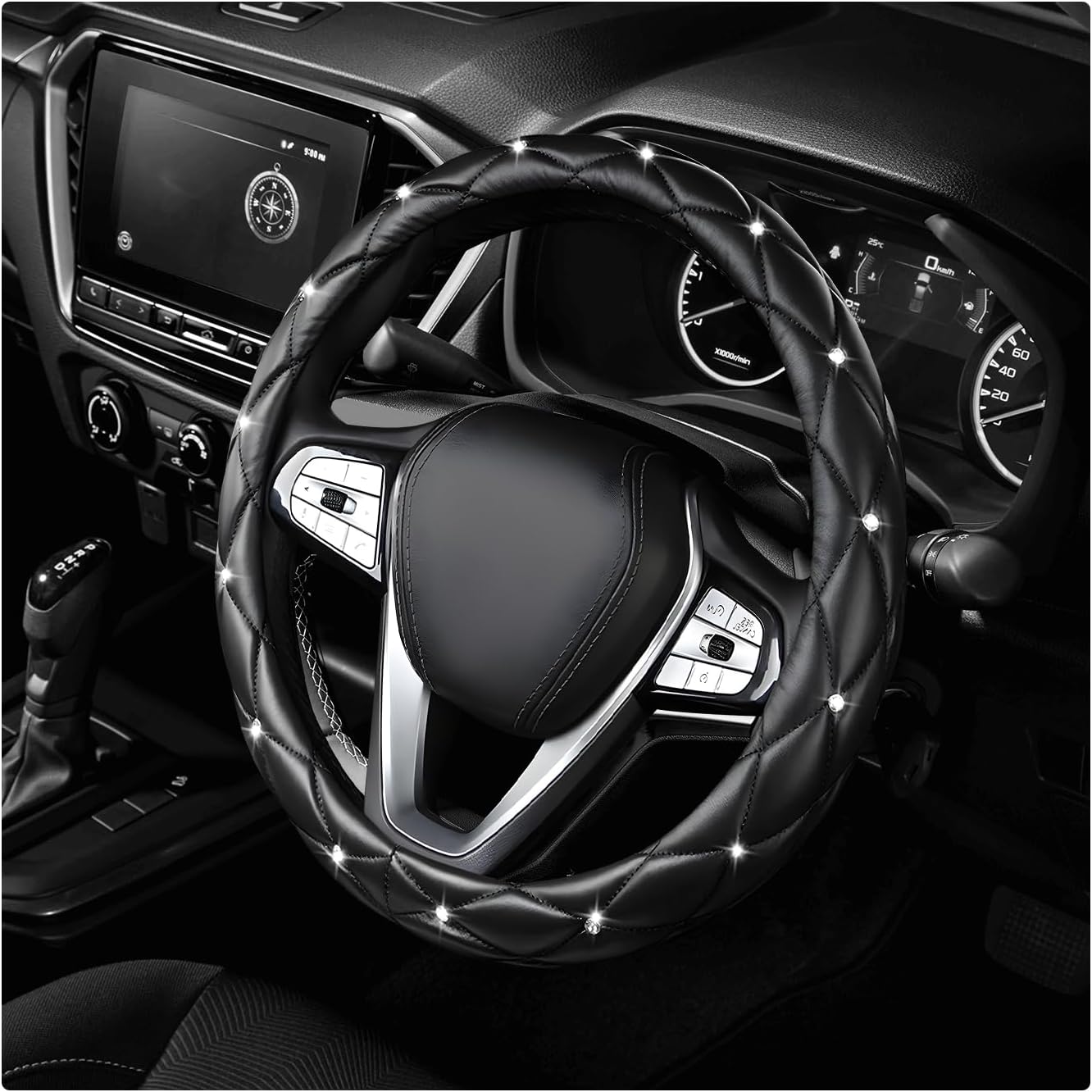 Diamond Soft Leather Steering Wheel Cover, 15" Anti-Slip Steering Wheel Protector w/Crystal Rhinestones, Bling Car Wheels Cover Universal Interior Accessories for Women Girls (Black)