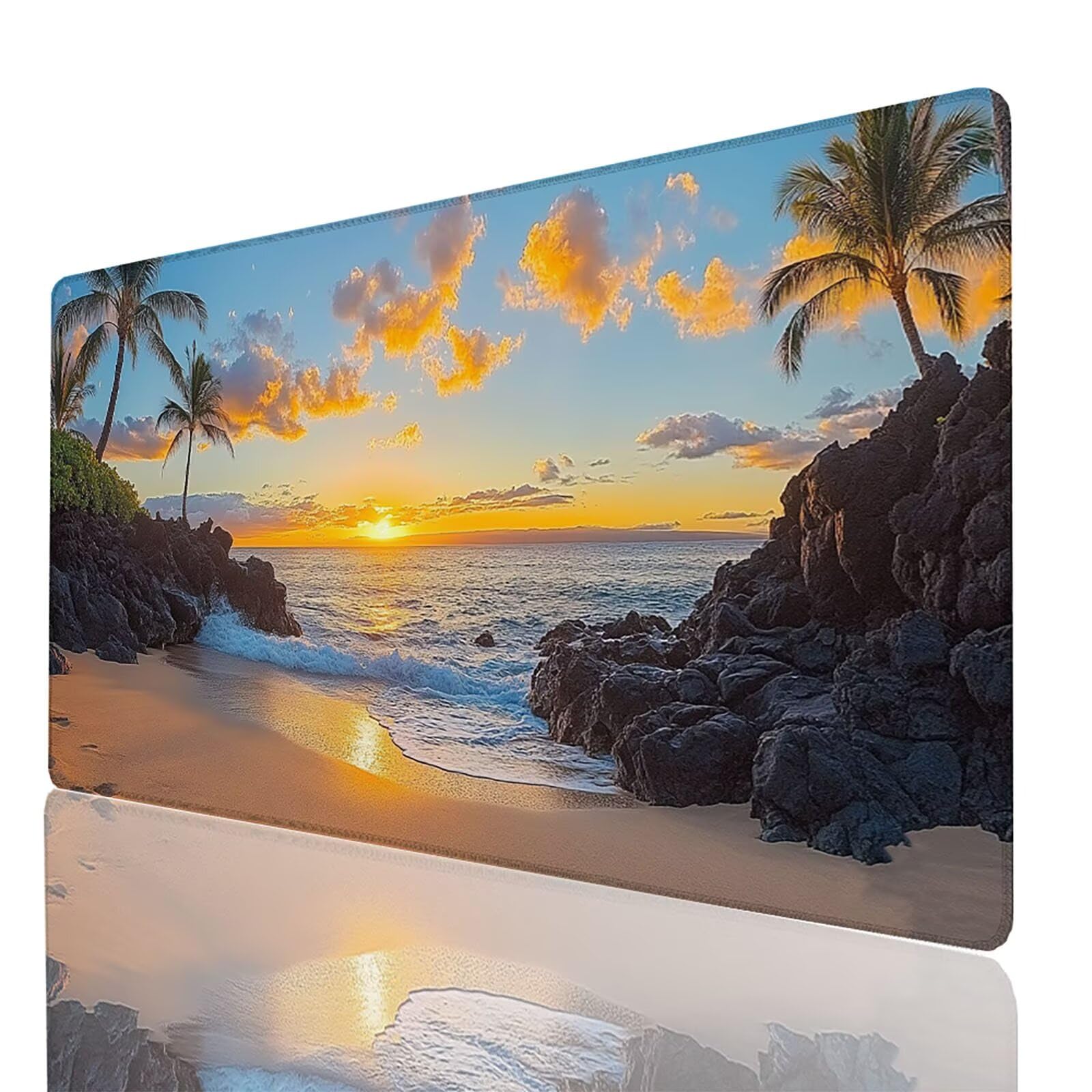 Podkładka pod mysz XXL 1000 x 500 x 3 mm, duża mata na biurko, plaża, szyte krawędzie, antypoślizgowa i wodoodporna, podkładka pod mysz z zachodem słońca kompatybilna z bezprzewodową klawiaturą i