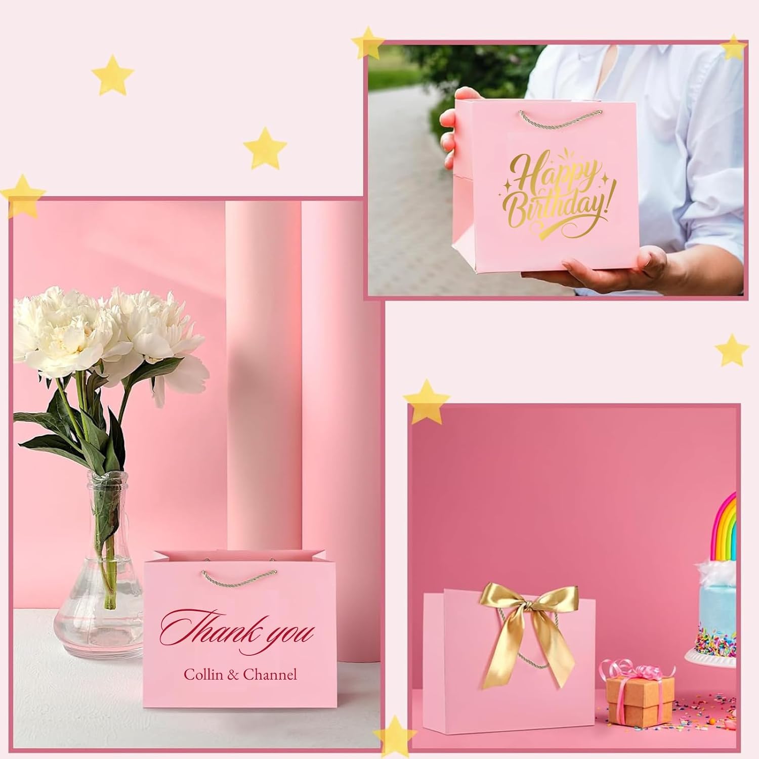 1-100 Pcs Personalized Gift Bags - 12.6×9.8×4.3 Inches - Print Your Name or Own Design - Custom Party Favour Bags with Ribbon Handles for Birthday, Wedding, Bridal Shower, Anniversary Celebration, Business (Pink)
