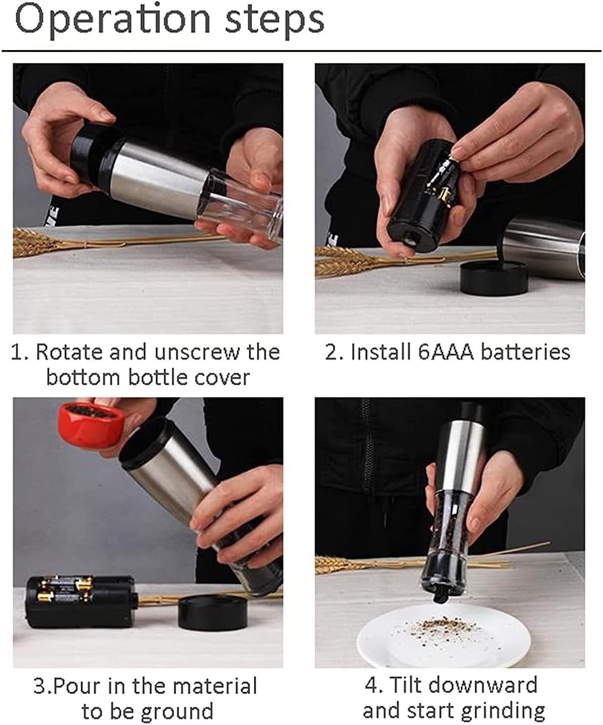 Refillable Pepper Mill Electric Salt And Pepper Grinder, Automatic Salt & Pepper Mill Refillable Adjustable Coarseness Salt Peppercorn Shakers, 22.5*6cm, Silver