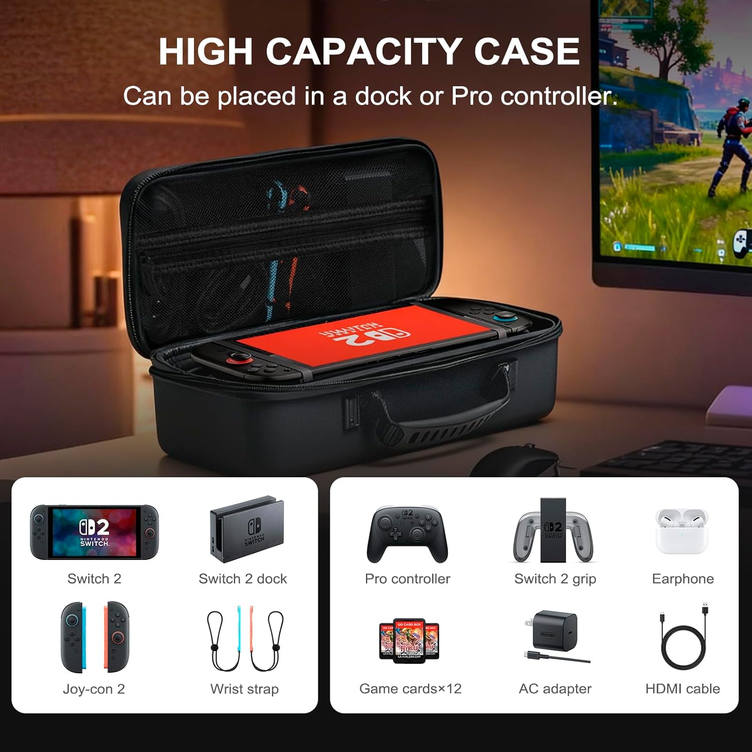 Pogriko Switch 2 Case for Nintendo Switch 2, Travel Carrying Case Holds Switch 2 Console, Dock, Controller, Joycon Straps, Grip, AC Adapter, HDMI Cable & Game Card - Image 2