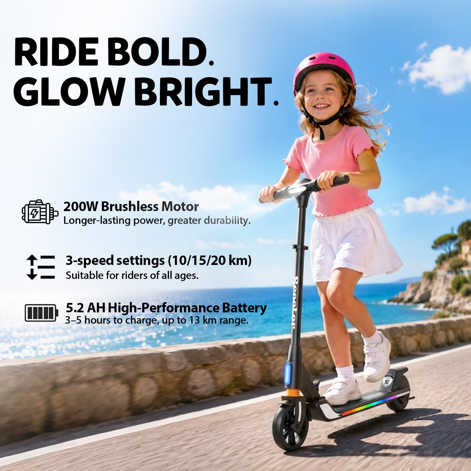 Trottinette Electrique Enfant, pour Enfants 8-16, 200W, Réglable en Hauteur, Max 20 km/h, Double Frein, Amortisseur Avant, Lumières LED Colorées, Affichage LED, Pliable et Légère.