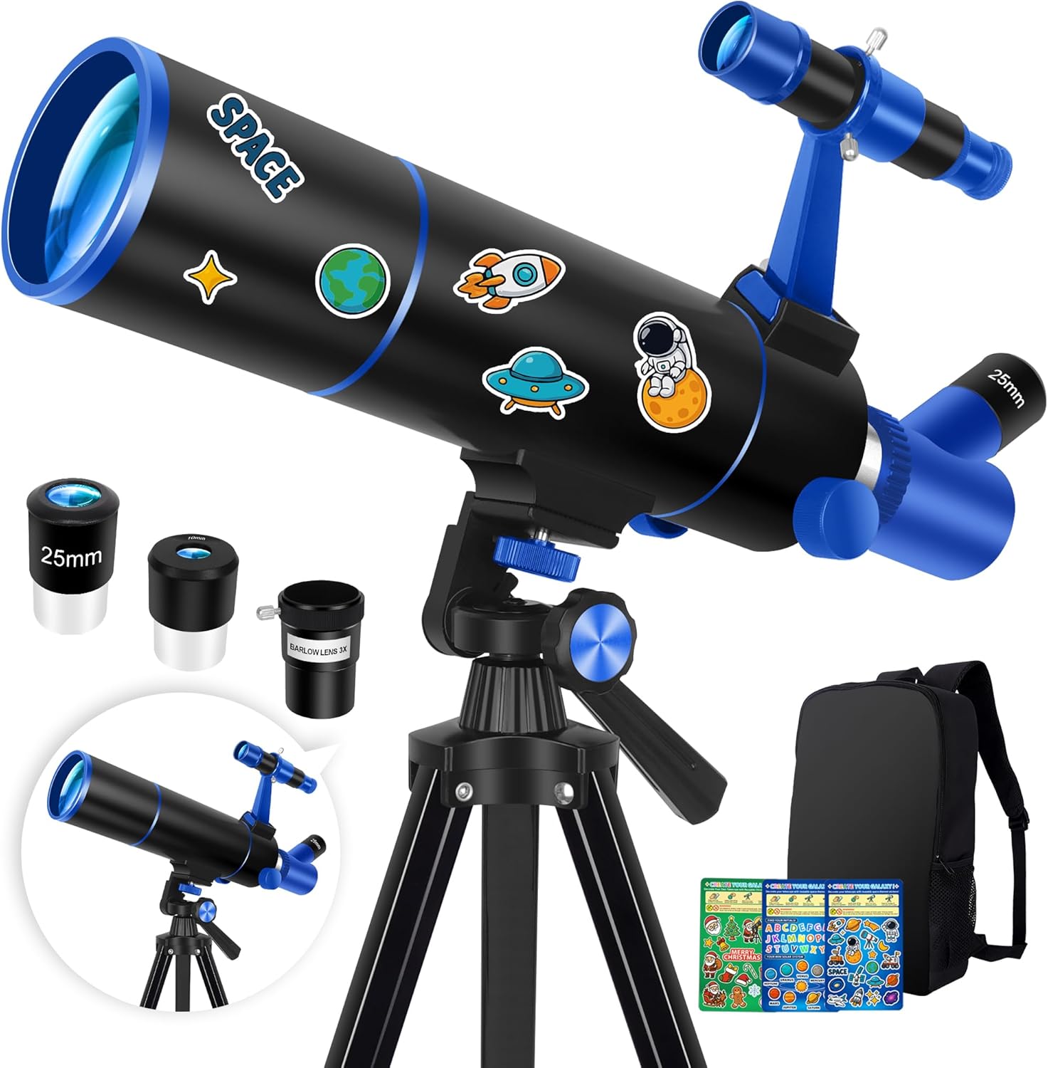 Hawkko Telescope for Adults & Kids Beginners, 80mm Aperture 500mm Telescopes for Adults Astronomy, (20X-150X) Portable Refractor Telescope Kit with Decorate Stickers, Backpack, Phone Adapter-BlackBlue