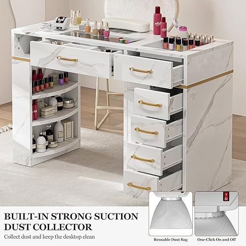 Miniatura 2 de Paddie Mesa de manicura con colector de polvo, estación de escritorio de uñas con 7 cajones de almacenamiento y estantes abiertos de 3 niveles