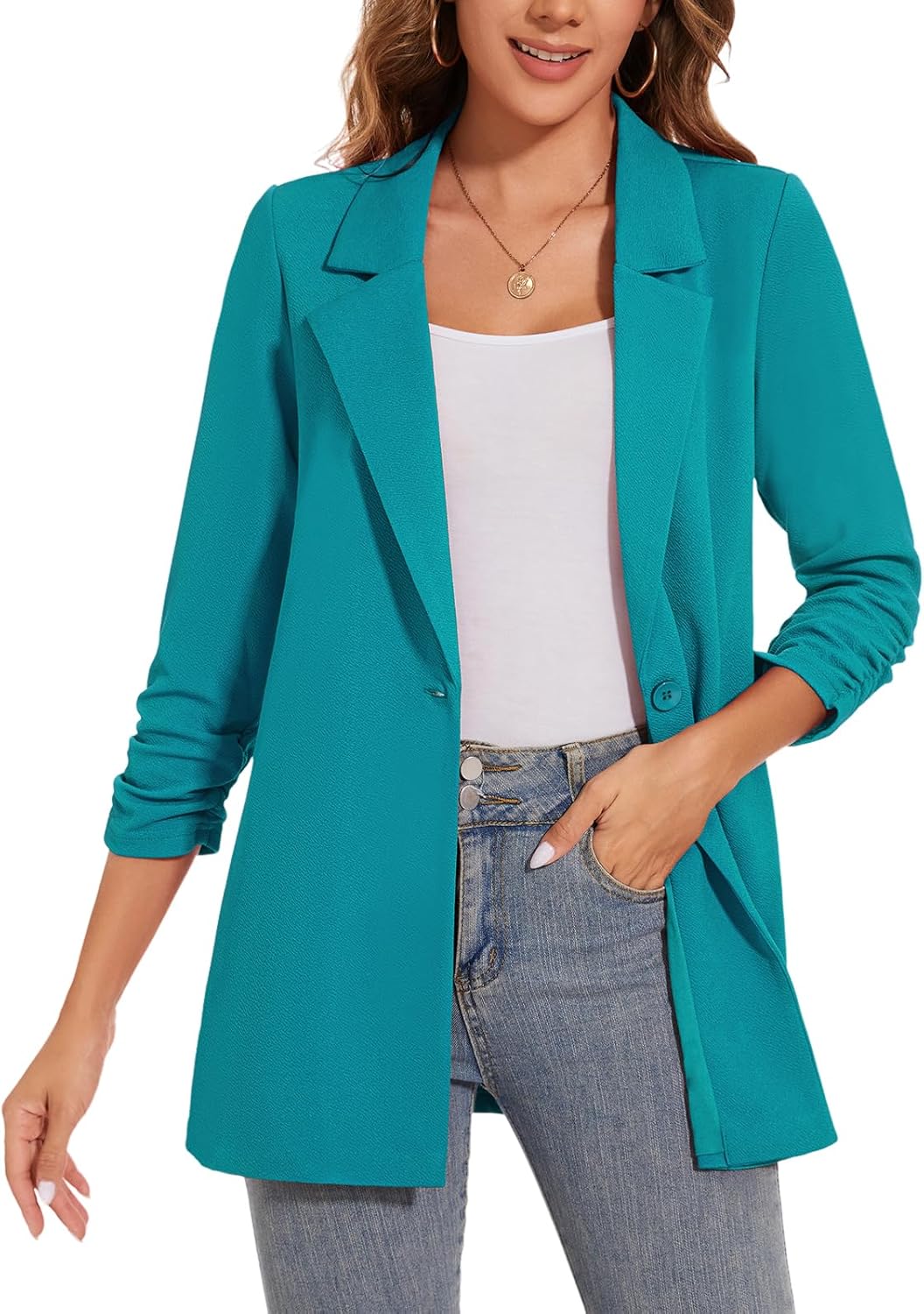 Women's Long Blazer Jackets Button Front Lapel Ruched 3/4 Sleeve Business Casual Office Work Lightweight Blazers