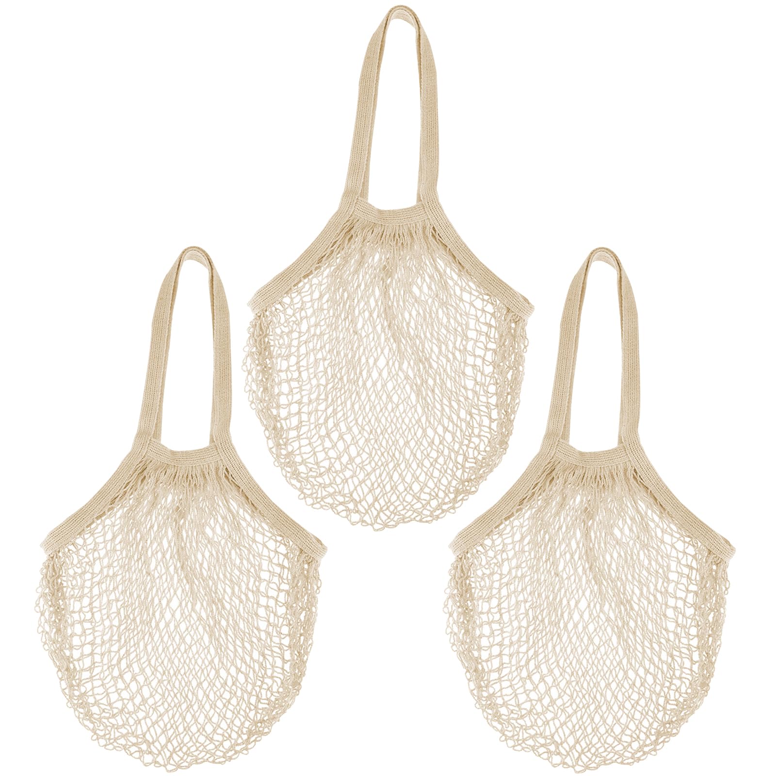Zyzhogar 3 Pack Cotton Mesh Grocery Bags,Reusable Grocery Net Bags Washable Fruit and Vegetable Storage Bag Long Handle Net Tote Shopping Bags for