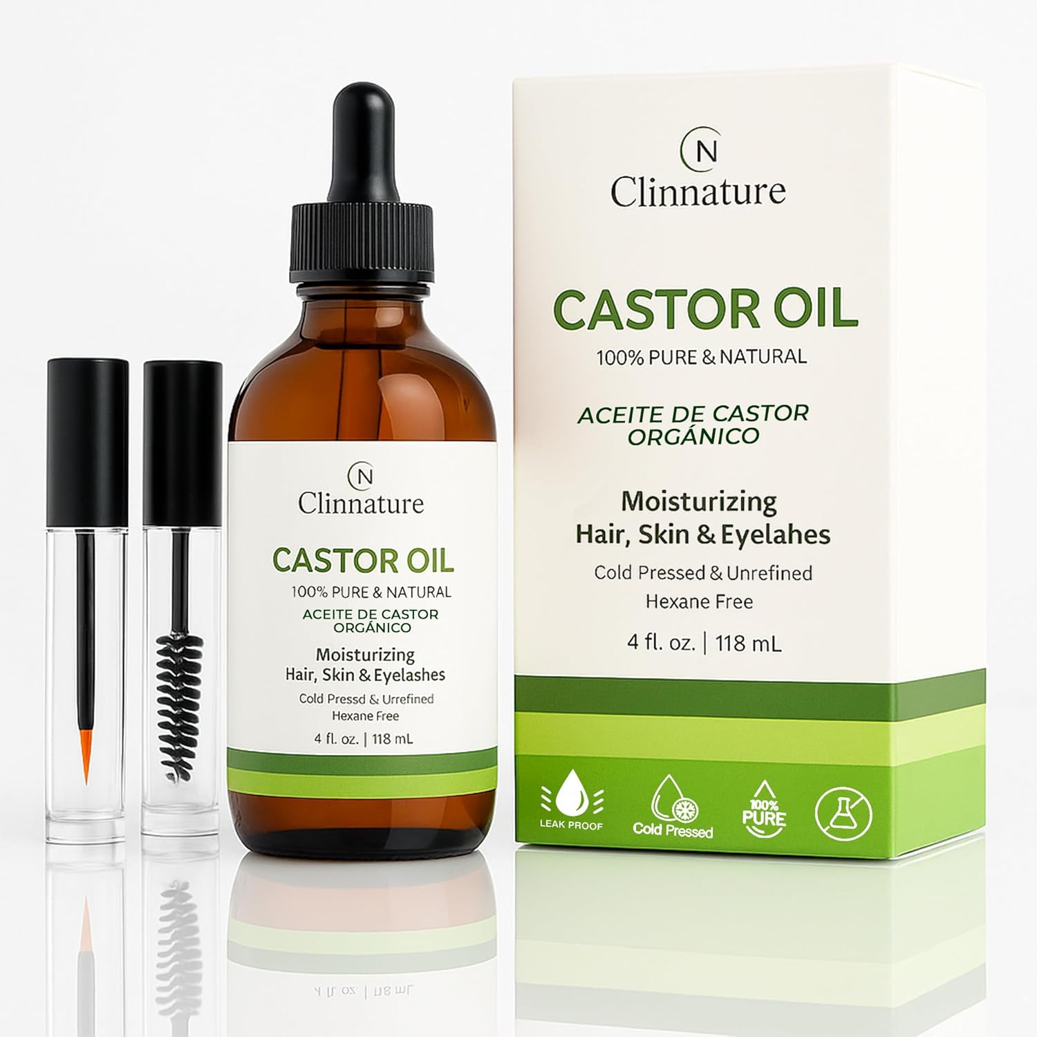 Castor Oil for Eyelash & Aceite de Castor Organico | Aceite de Ricino para Pestañas — 4 fl oz, Cold-Pressed & Hexane-Free, Glass Bottle with Pre-Filled Lash & Brow Applicators