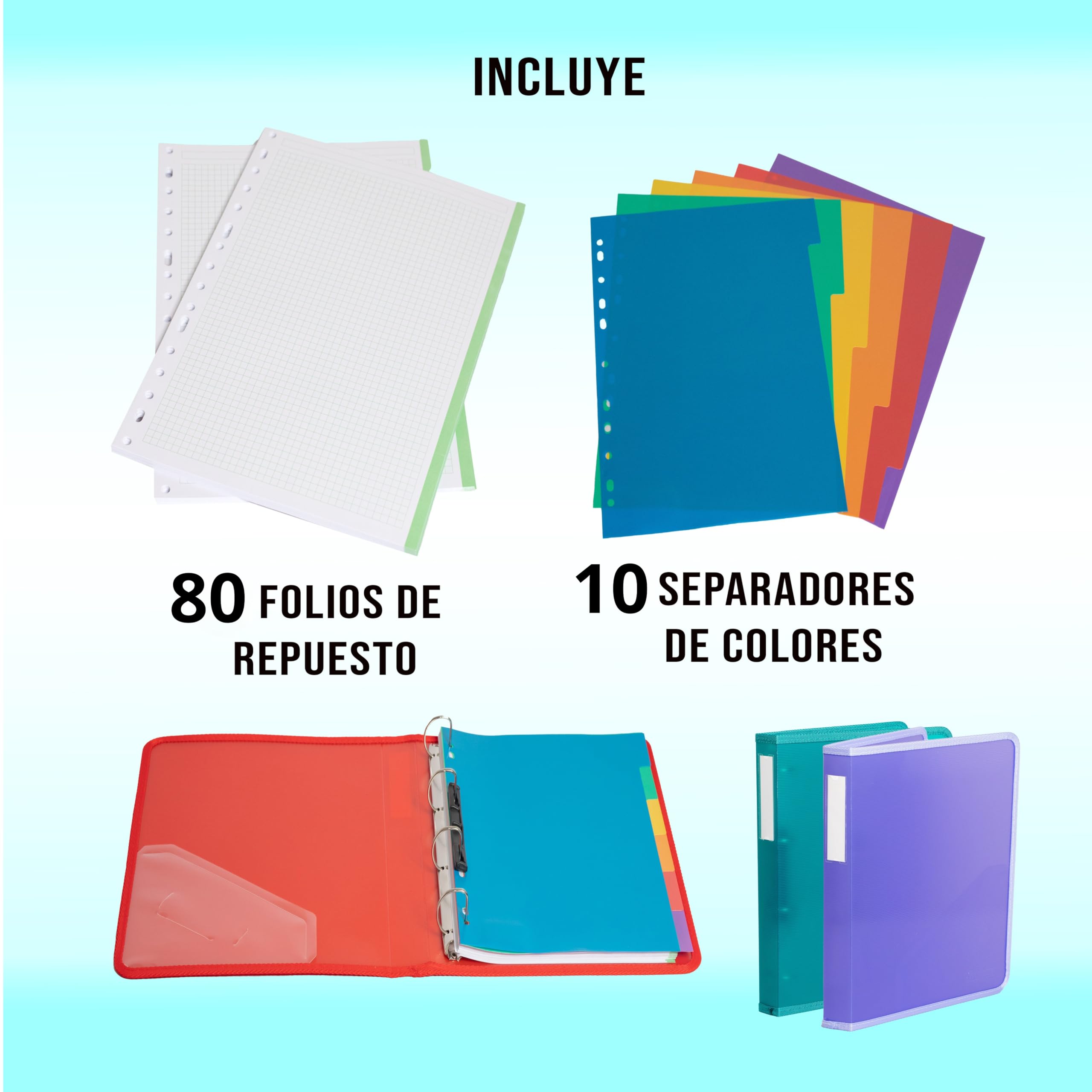 Archivador 4 anillas plastico incluye 80 folios de recambio y 6 separadores. Carpeta para fundas plastico a4 y folios. Archivador de tapa semirrígida. Carpeta archivadora liviana y resistente.