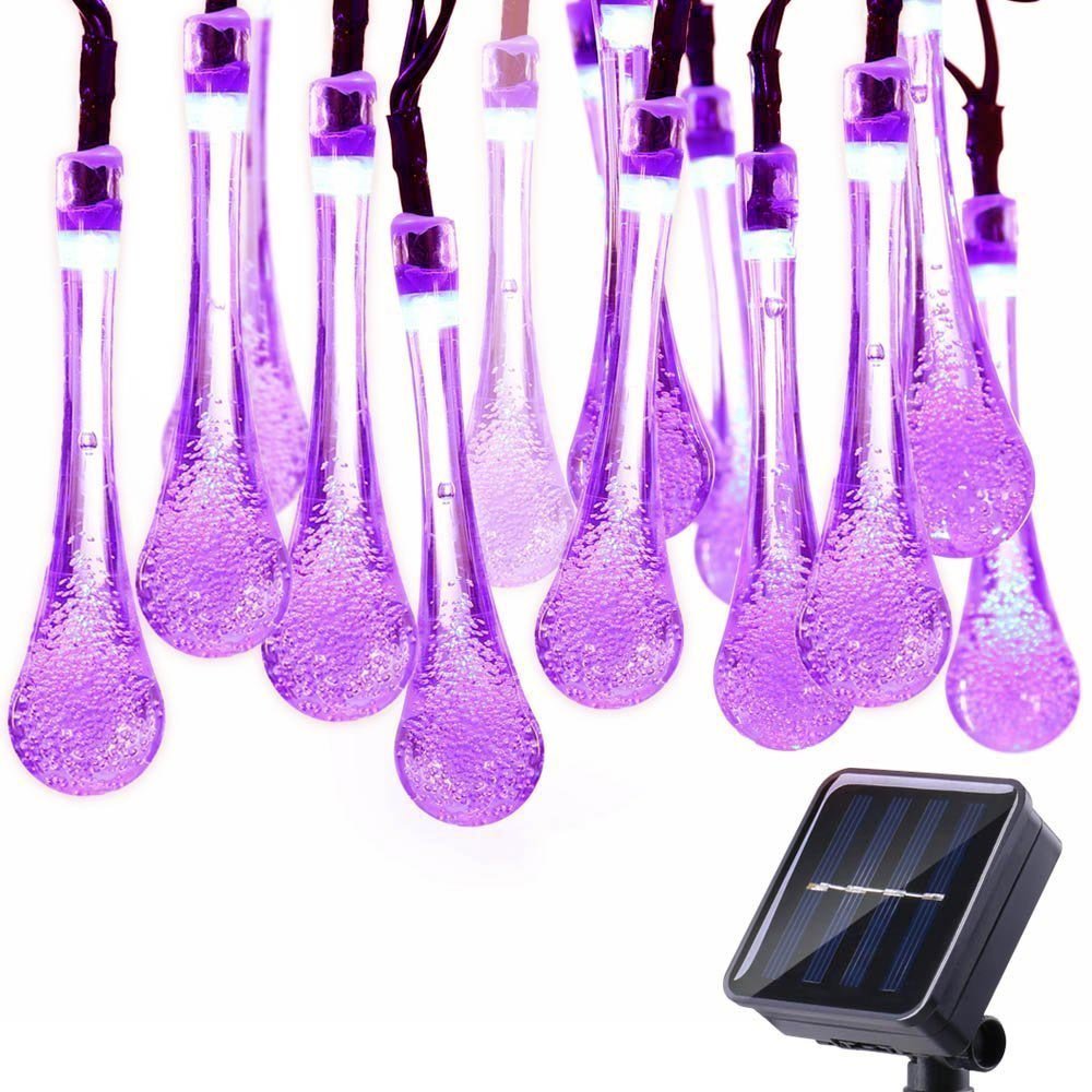 Solar Drop Lights, DINOWIN Water Drop Fairy Lights 20ft 30LEDs Solar Water Drop Waterproof for Outdoor, Garden, Christmas Decorations (Purple)