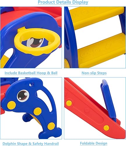 Miniatura 6 de Tobogán escalador independiente para niños de 1 a 3 años, juego de juguete deslizante para interiores y exteriores con aro de baloncesto y pelota