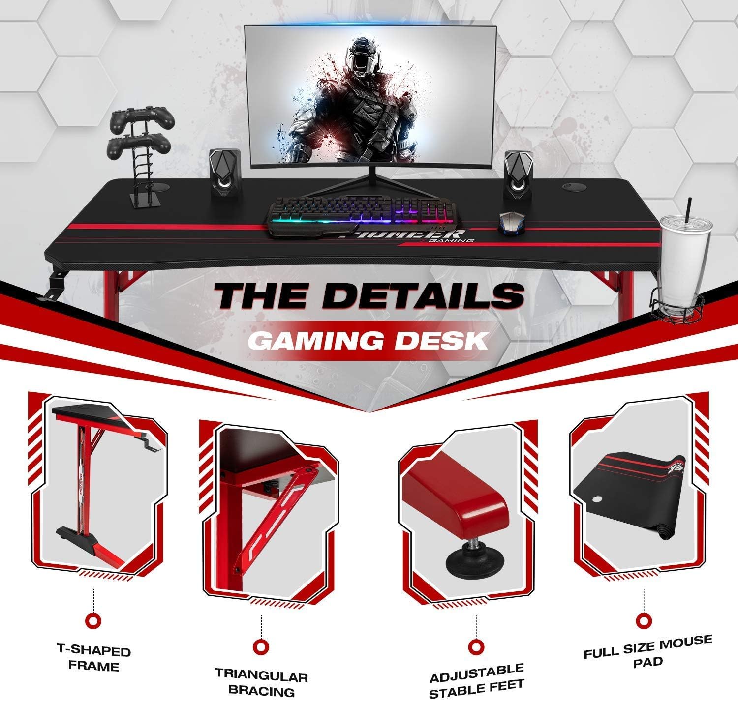 Devoko 44 Inch Gaming Desk T-Shaped PC Computer Table with Free Mouse Pad Carbon Fibre Surface Home Office Desk Gamer Table with Game Handle Rack Headphone Hook and Cup Holder (Red)